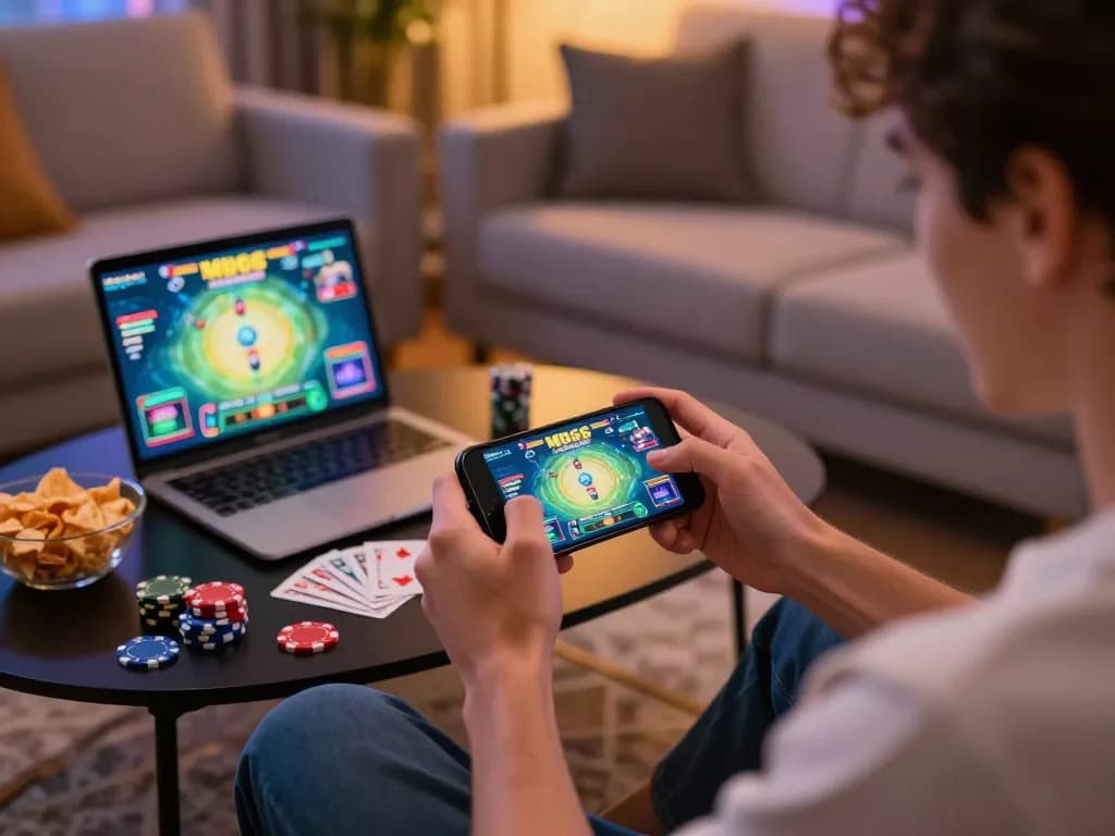 Experience dynamic gameplay with mb66 casino app on smartphone amid cozy home setting