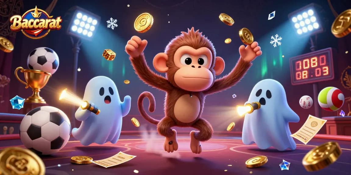 Baccarat game scene featuring a mischievous monkey juggling golden objects while a ghost-hunter puppy tracks it.