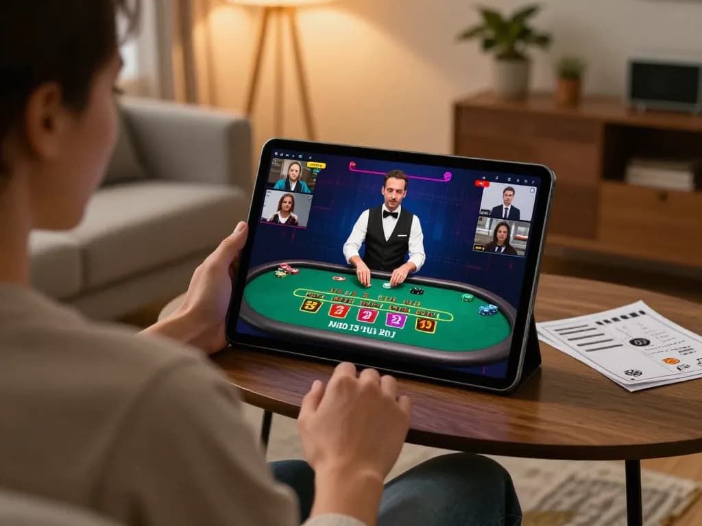 Engaging in live blackjack gameplay at home with Win138 on tablet, showcasing strategic gaming environment