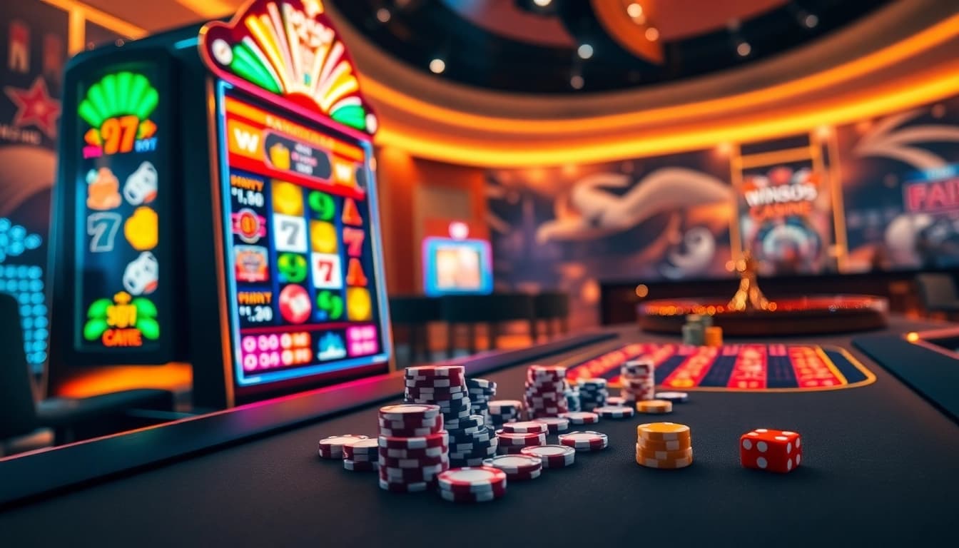 Experience the excitement of Wingslots77 with vibrant slot machines and engaging gambling elements.