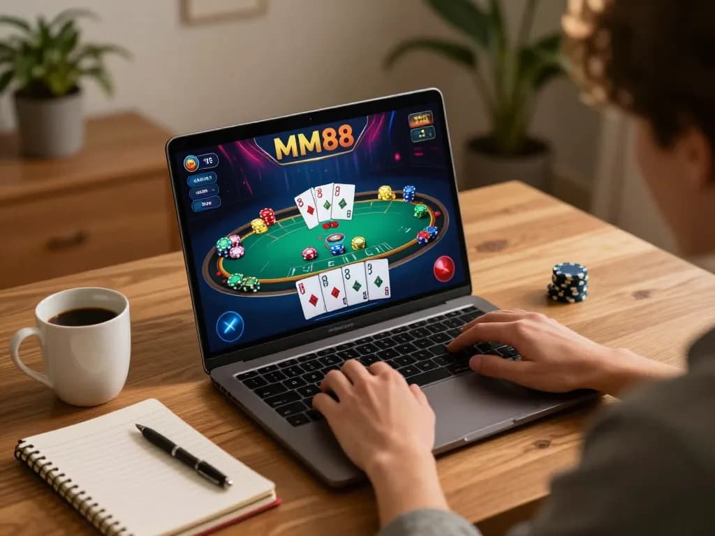 Playing MM88 on a laptop during cozy home gaming session with strategy notes