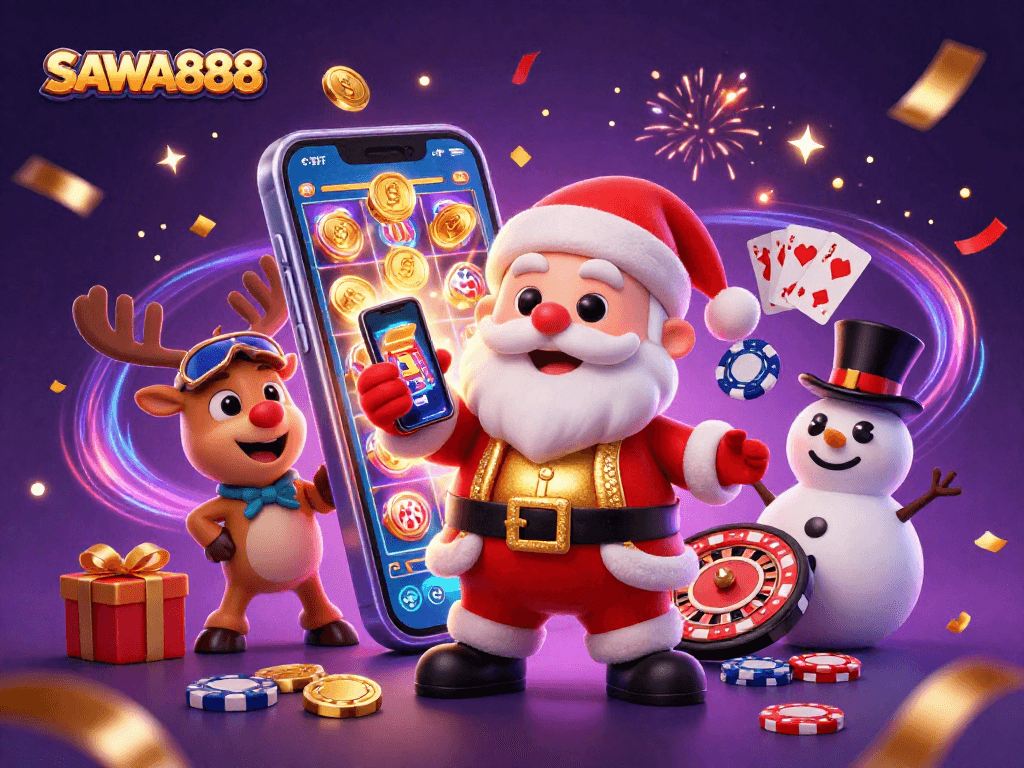 Experience the excitement of SAWA888 with a festive casino scene filled with jackpots and rewards!