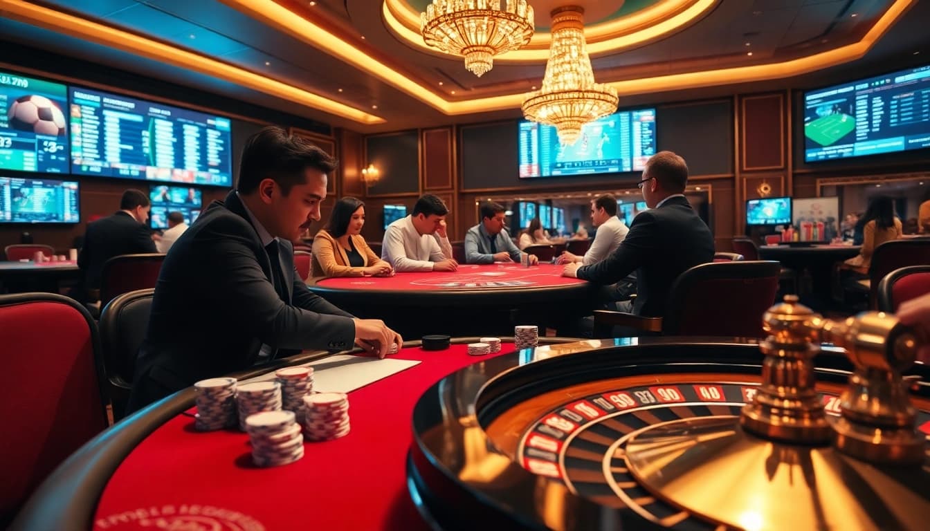 Kèo nhà cái displayed prominently on screens while players strategize at a luxurious casino table.