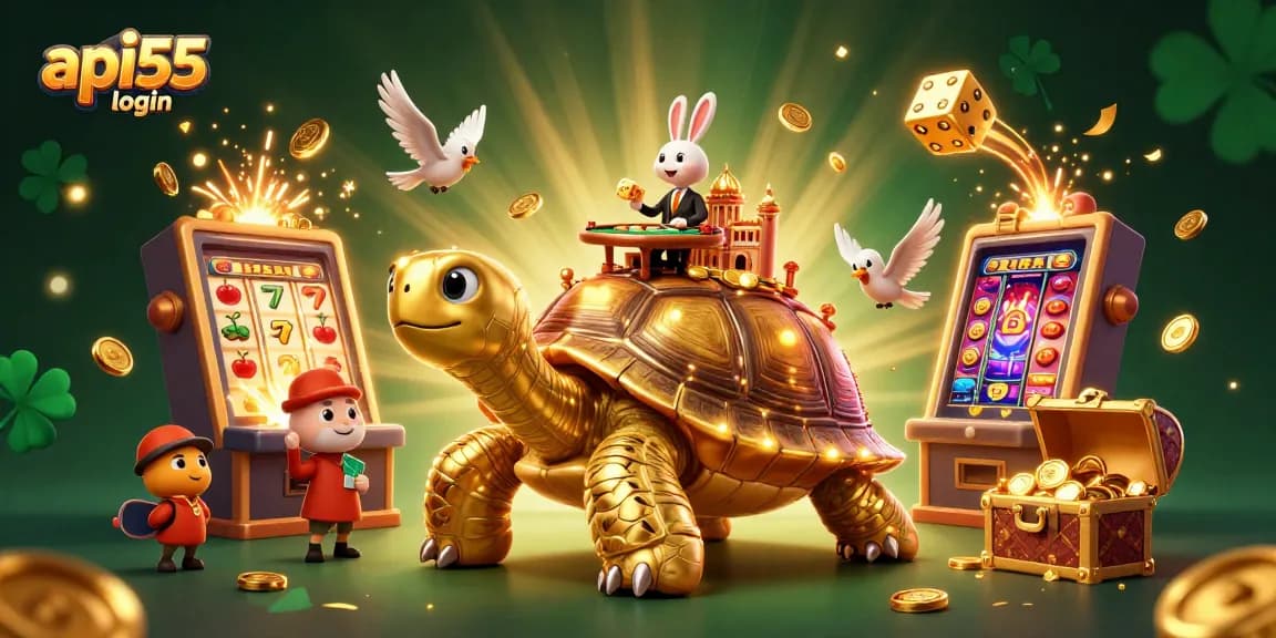 Experience the excitement of api55 login with a vibrant 3D casino scene featuring dynamic gaming elements and engaging characters.