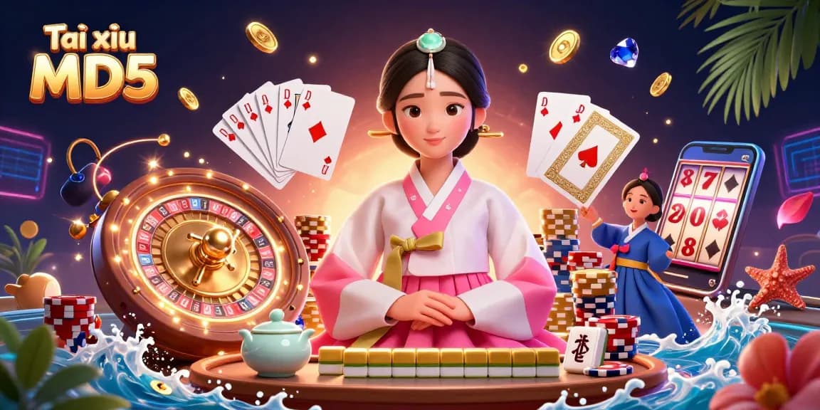 Tài xỉu MD5 showcases an elegant player engaging in a dynamic casino setting, surrounded by cascading coins and a roulette wheel.