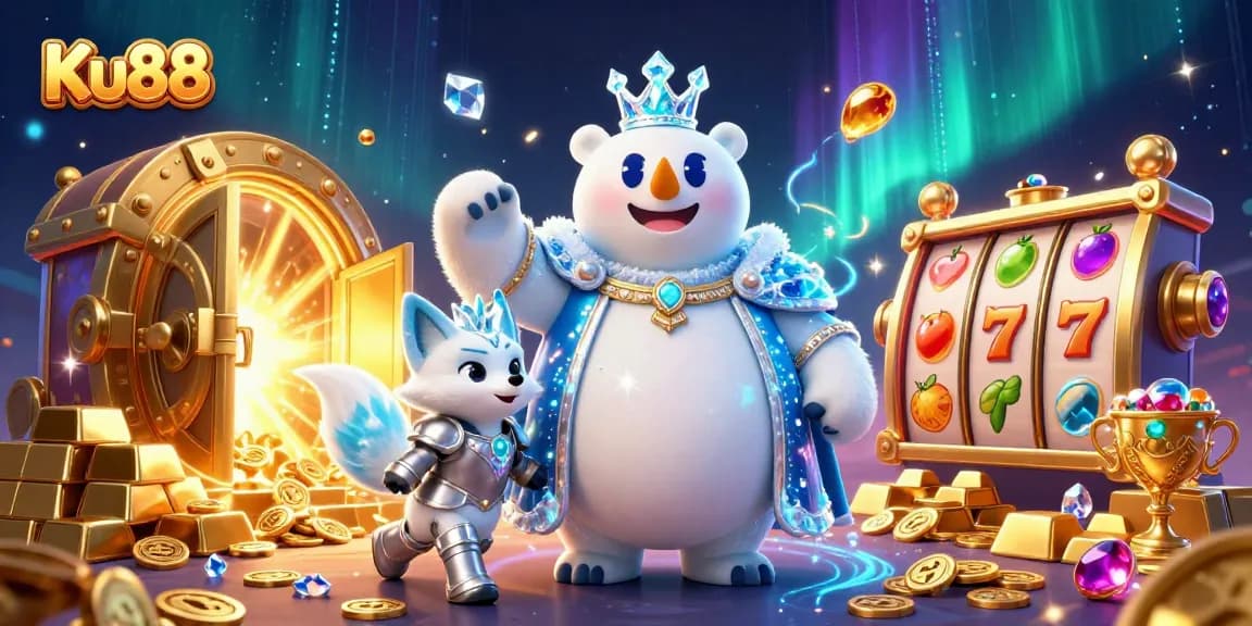 Experience the thrill of Ku88 with a vibrant 3D scene featuring a polar bear king, treasure vaults, and dynamic slot symbols.