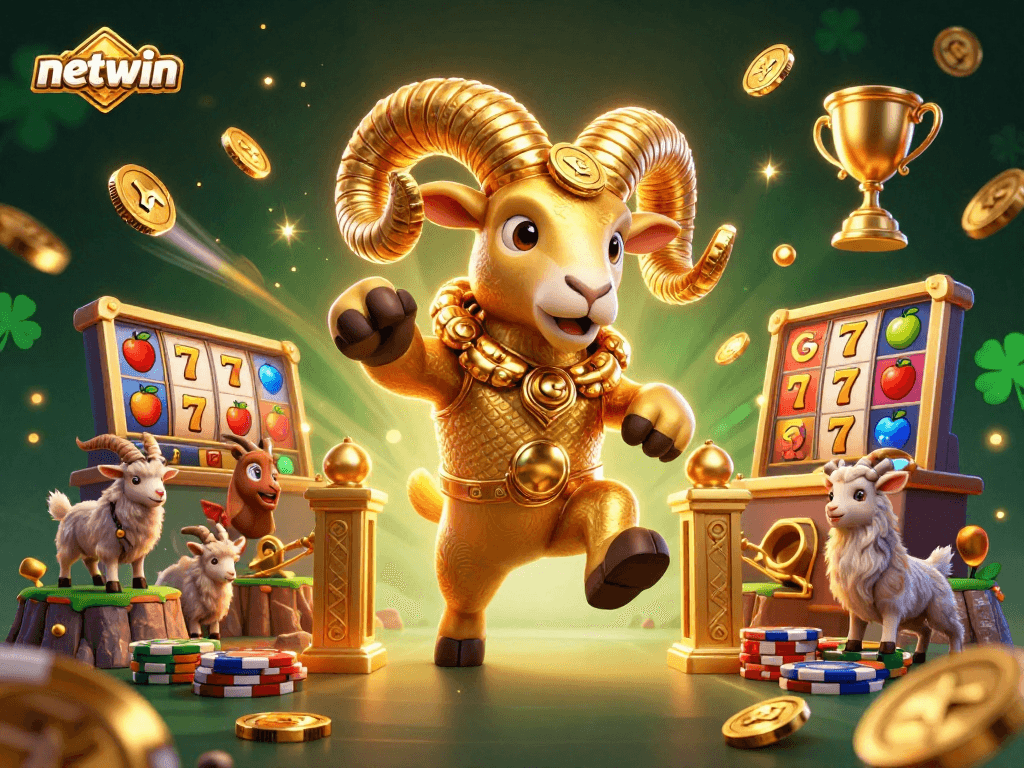 Experience the excitement of netwin with a dynamic scene of a golden ram charging through a casino.