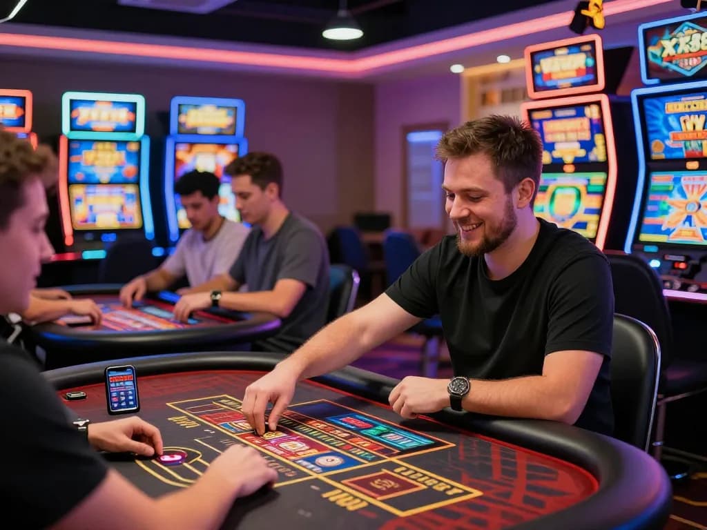 Exciting online gambling experience at xx88 casino with diverse players engaging in virtual games and vibrant digital interfaces.