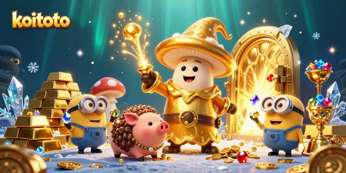 Koitoto showcases a vibrant 3D illustration depicting a golden wizard and treasure, representing online gaming excitement.