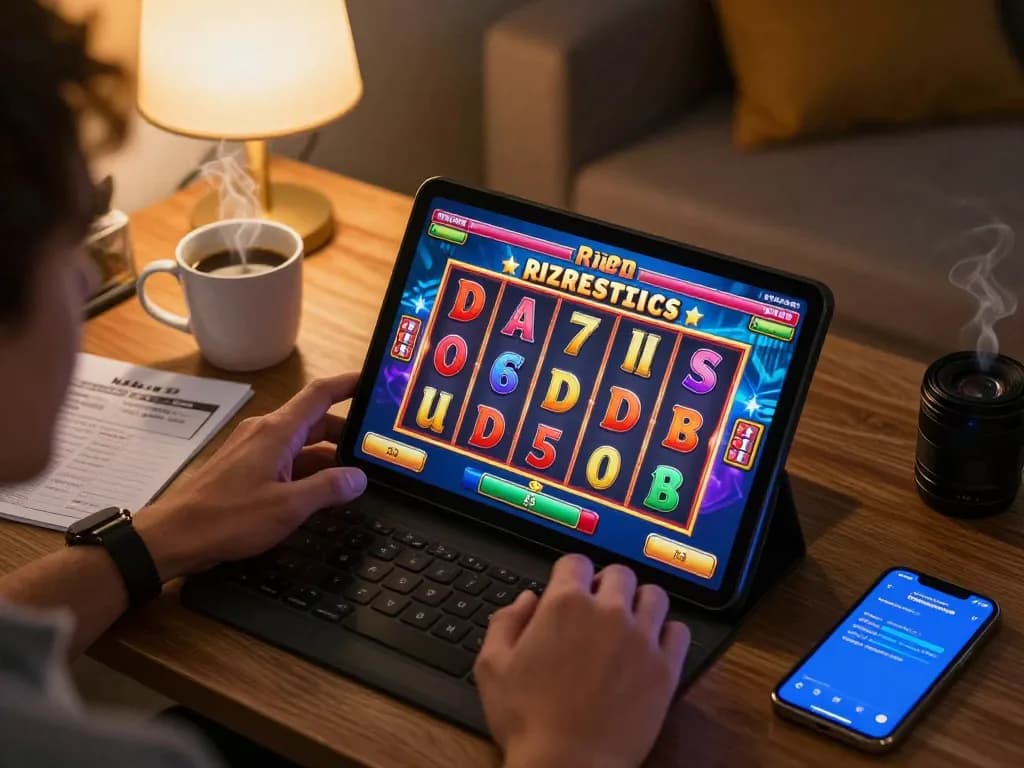 Engaging player enjoying dinamit4d slot game on tablet, surrounded by gaming notes and coffee.