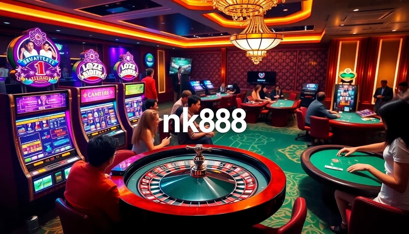 Players enjoying the thrilling atmosphere of NK88 casino with vibrant slot machines and live dealers.