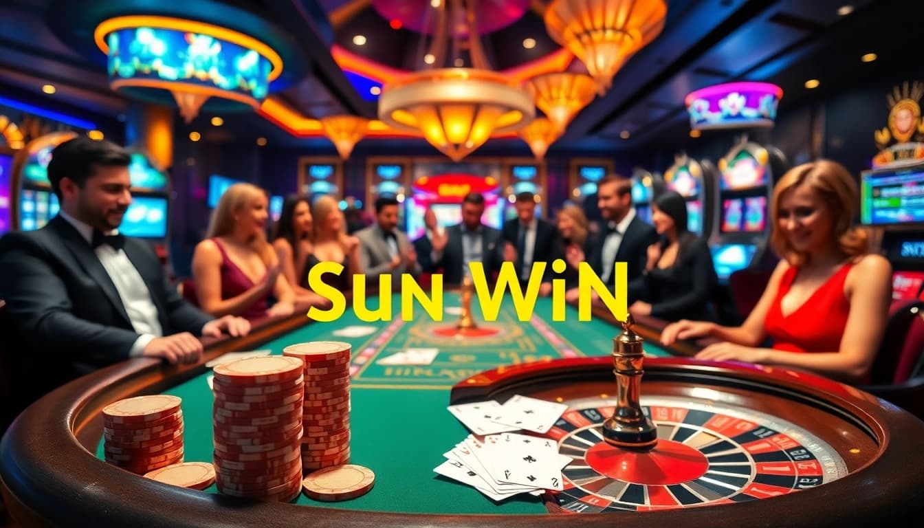 Players enjoying a poker game at a luxurious casino setting, embodying sun win excitement.