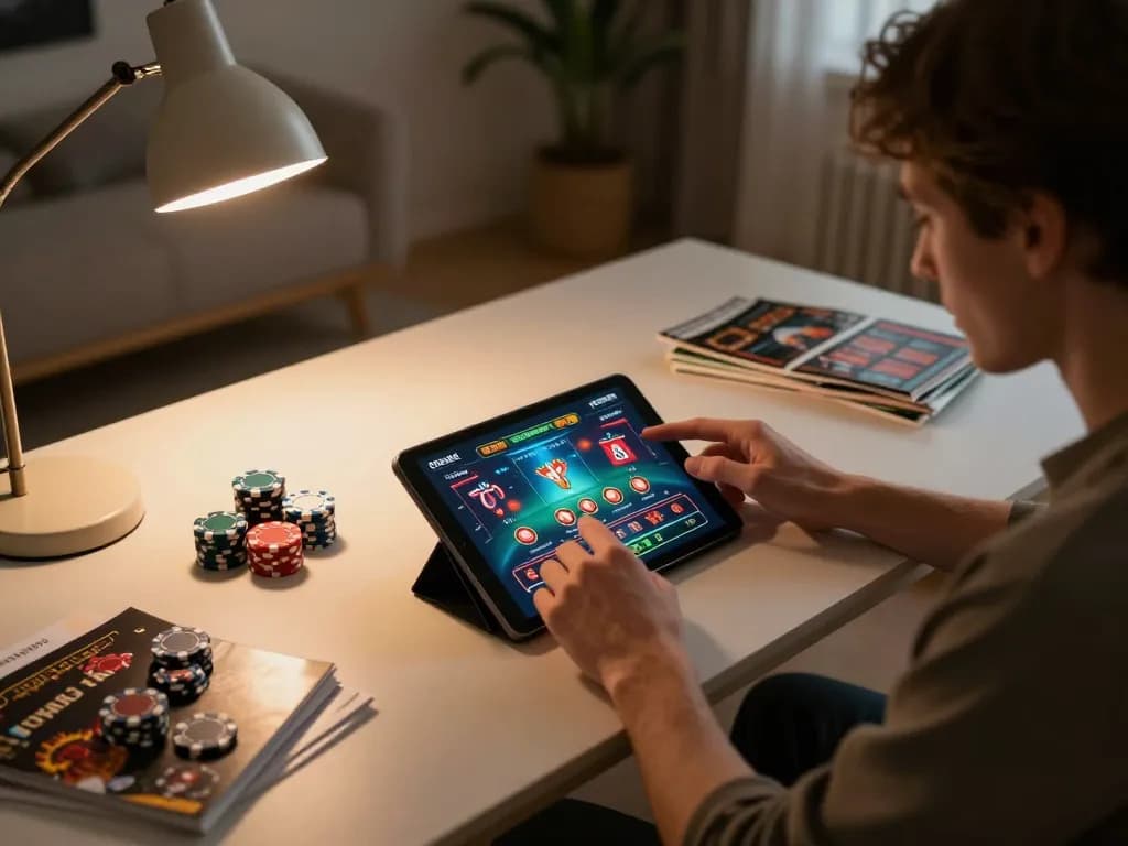 Xocdiaclub player engaging with online poker table on a tablet, surrounded by strategy materials and a cozy atmosphere