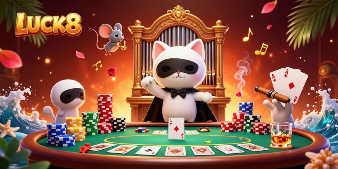LUCK8 players engage in vibrant casino gaming with an intricate scene of poker excitement and lively characters.