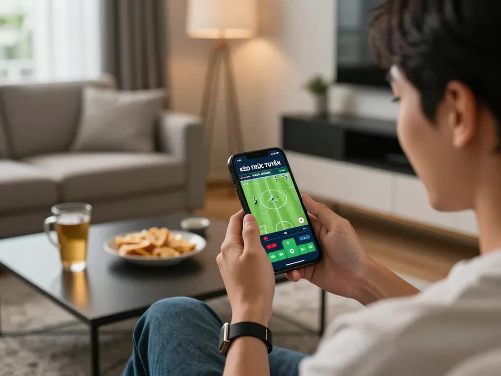 KÈO TRỰC TUYẾN displayed on smartphone during an exciting sports betting experience at home
