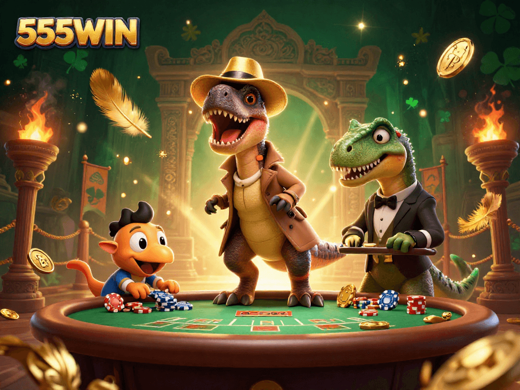 Engage with thrilling gameplay at 555WIN featuring vibrant cartoon dinosaurs at a casino table.