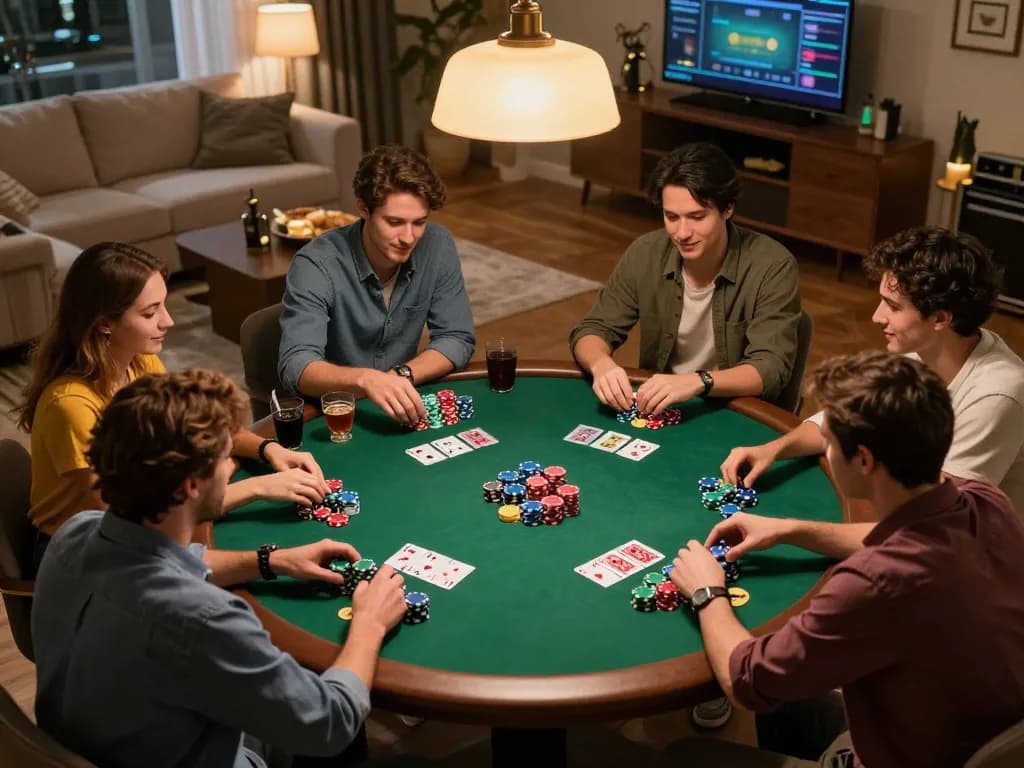 Players engaged in a thrilling poker game at home, showcasing uu88's social gambling experience with strategic gameplay and excitement.
