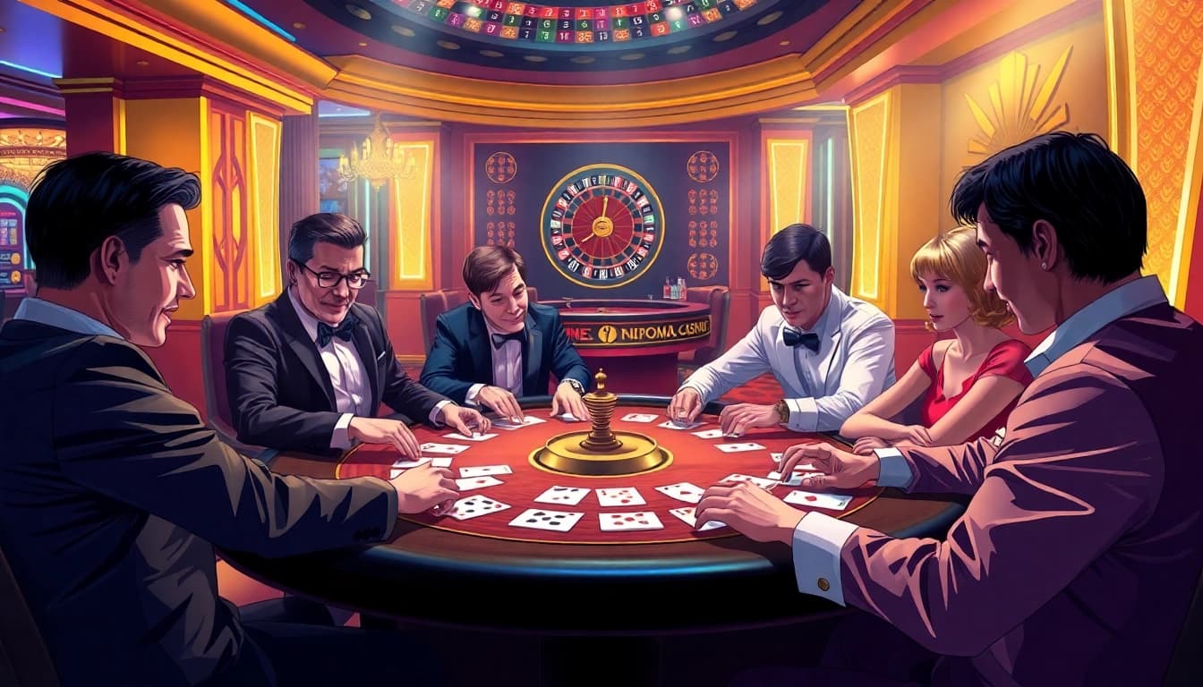 Players enjoying games at a situs toto table in a luxurious casino with vibrant lighting.
