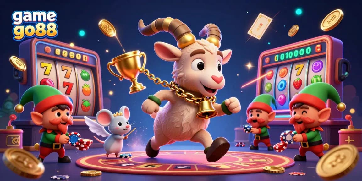 Experience the excitement of game go88 with a dynamic holiday horror casino scene featuring whimsical characters and vibrant slot elements.
