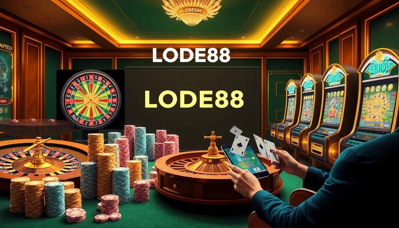 Exciting LODE88 online casino scene with vibrant roulette wheel and poker chips.