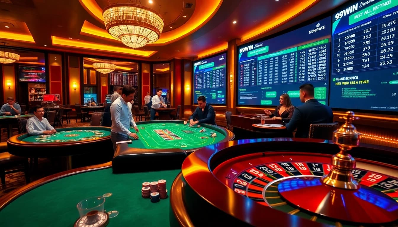 Engaging gamblers play at a luxurious casino table with 99WIN branding and vibrant decor.