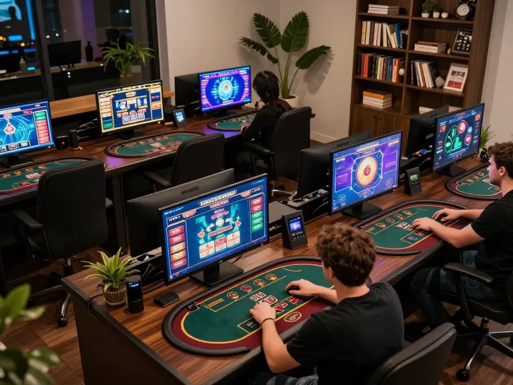 Player enjoying soc88 online casino games on multiple screens in a cozy gaming setup.