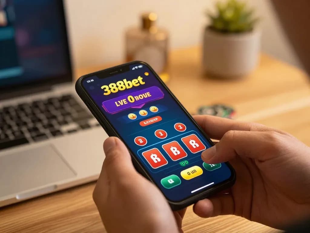 Engaging 388bet live dealer game showcased on a smartphone in a cozy home setup