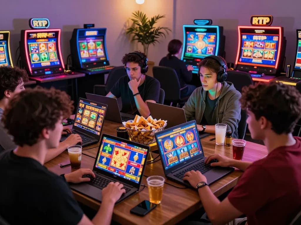 Engaging scene of players enjoying kdslot games online with vibrant displays and snacks.