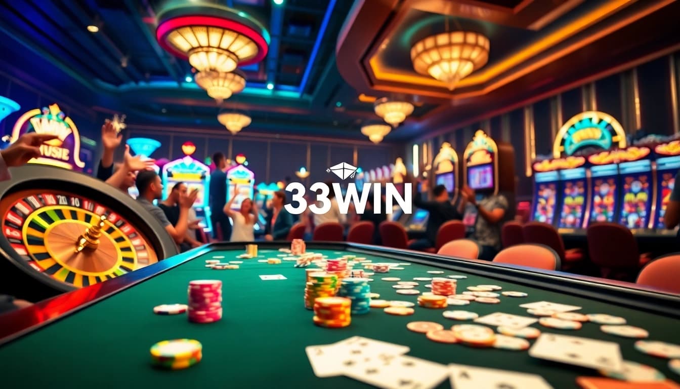 Experience the thrill of winning with 33WIN at a vibrant casino table featuring roulette and poker chips.