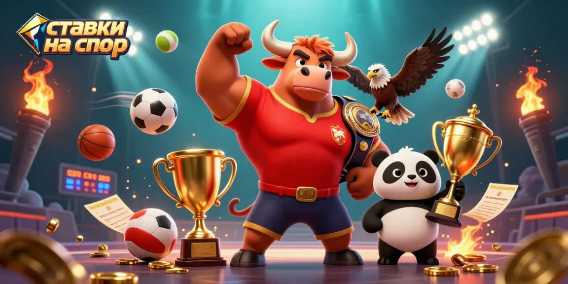 Engage in ставки на спорт with a vibrant bull, eagle, and panda surrounded by dynamic sports elements.