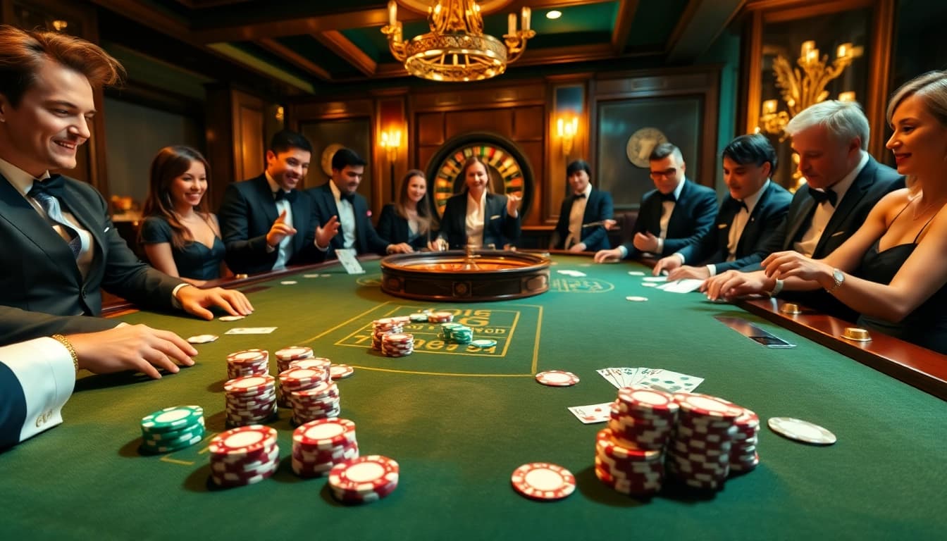 Engaged gamblers enjoying a game of poker with tx88 chips at an elegant casino table.
