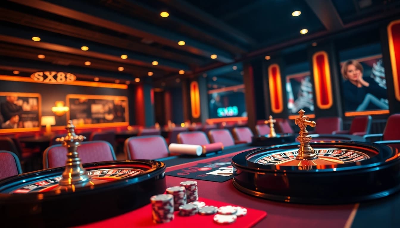 SX88 gambler enjoying high-stakes action at a luxury casino table with cards and chips.