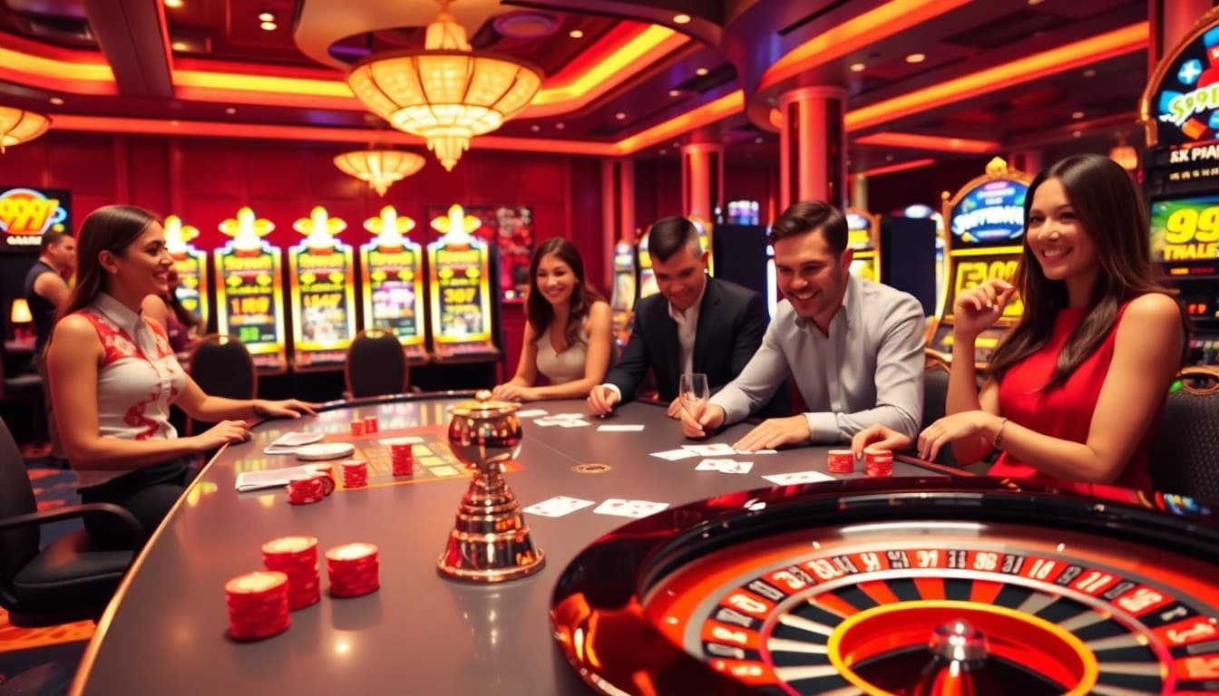 Exciting gaming scene at a luxury casino featuring 999BET poker tables and slot machines.