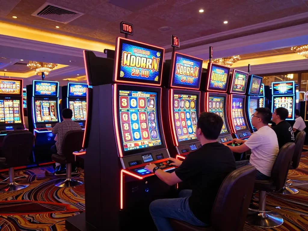 Players enjoying diverse slot machines with exciting displays in a bustling casino