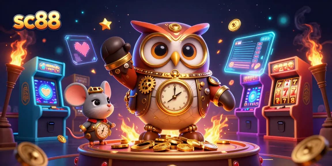 Experience thrilling gameplay at sc88 with a steampunk owl amidst vibrant casino elements.