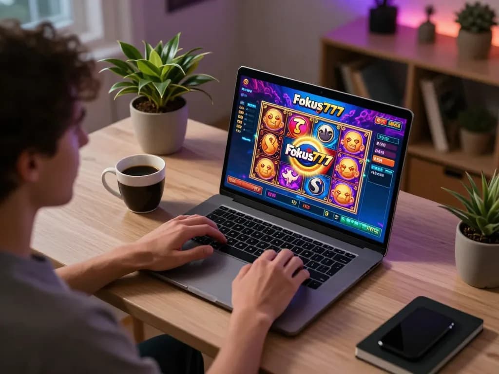 Engaging gameplay experience at Fokus777 online slots, with colorful interface and cozy home setting.