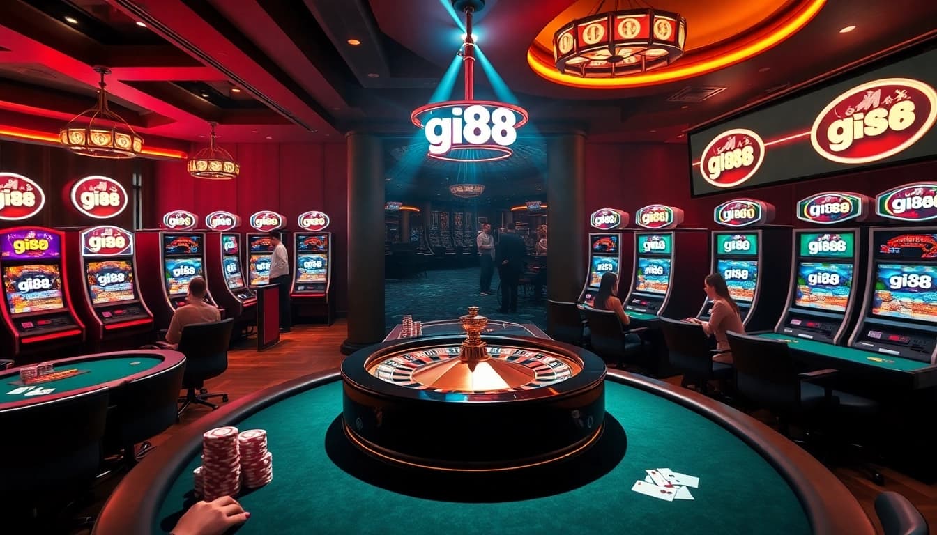 A vibrant online gambling scene featuring gi88 along with roulette, poker tables, and slot machines.