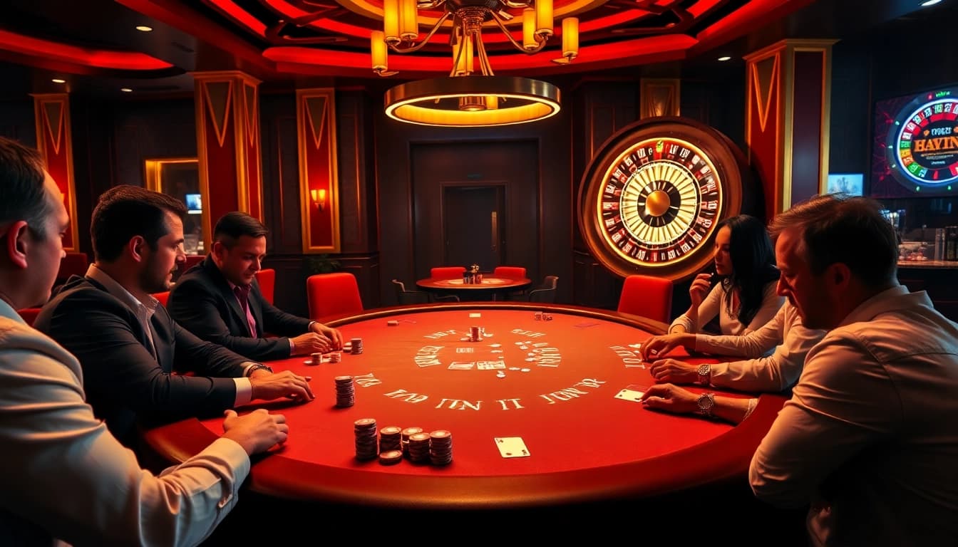 HAYWIN poker game at a luxurious casino table filled with chips and cards.