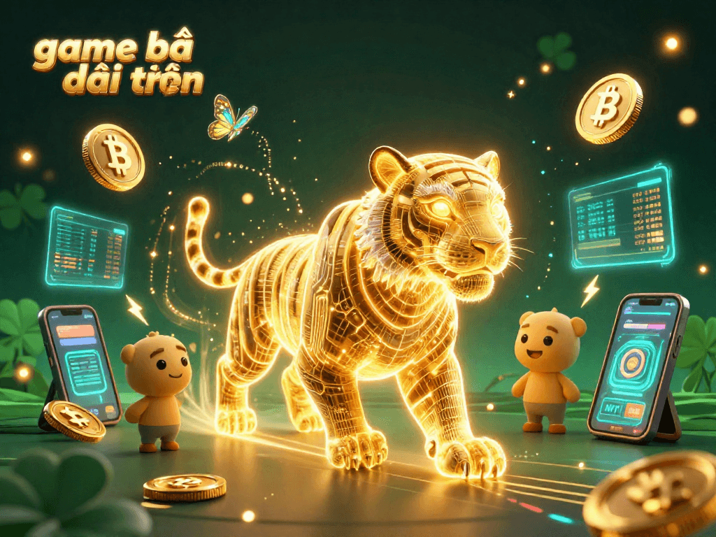 Engaging game bài đổi thưởng scene with a golden tiger and neon crypto coins in a vibrant casino.