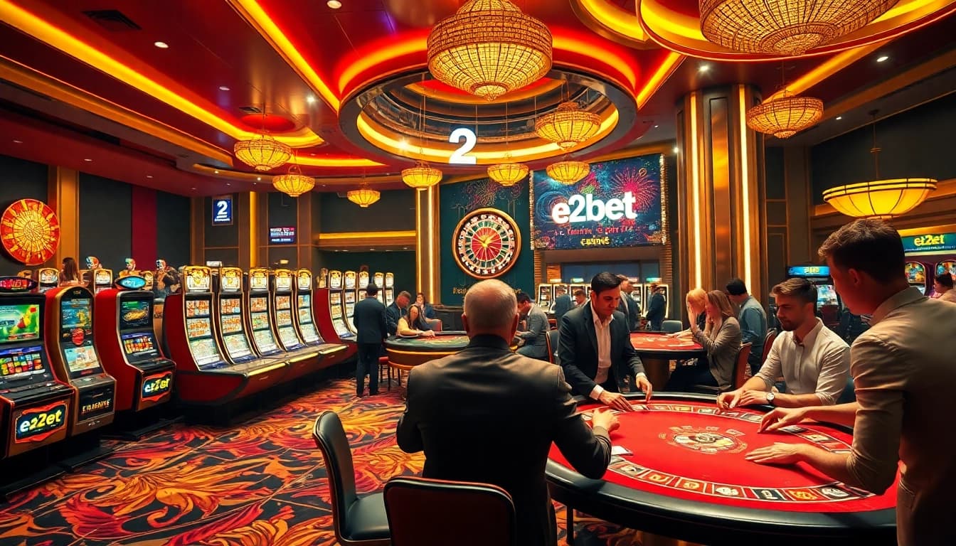 Exciting gambling scene with e2bet branding, showcasing poker, slots, and vibrant casino atmosphere.
