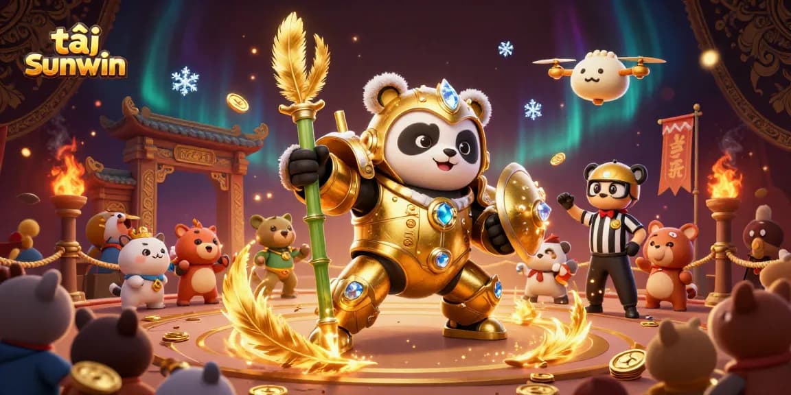 Engage in thrilling gameplay with tải sunwin, featuring dynamic battles in a vibrant casino arena with a mech-suit panda.