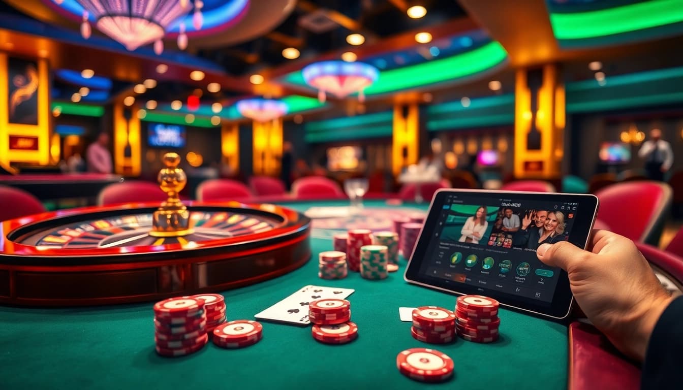 hello88 casino players strategizing over a vibrant gaming table with roulette and cards.
