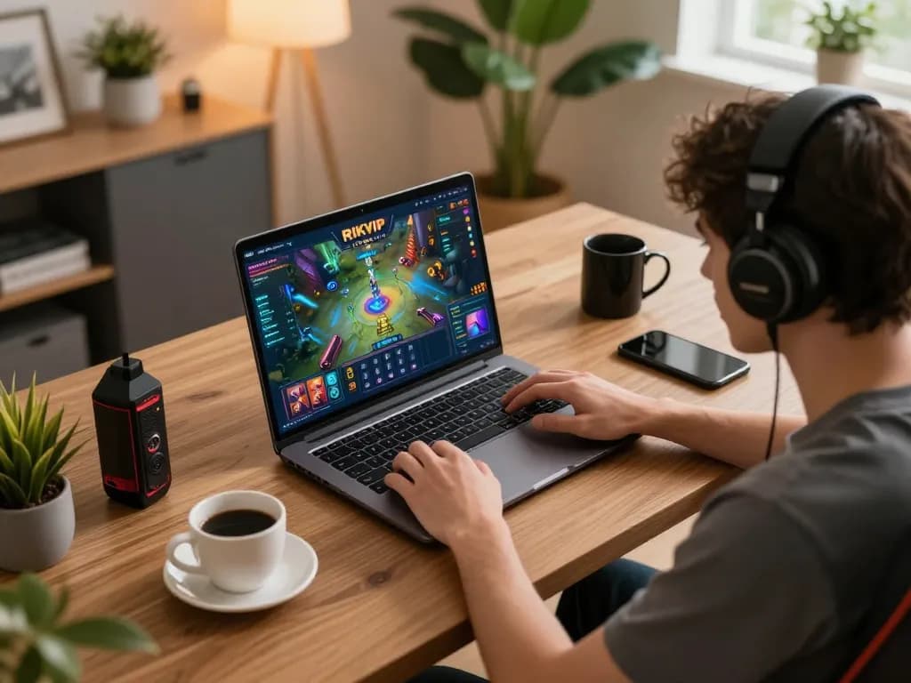 RIKVIP player engaging with online game on laptop, cozy home setup promoting responsible gaming.