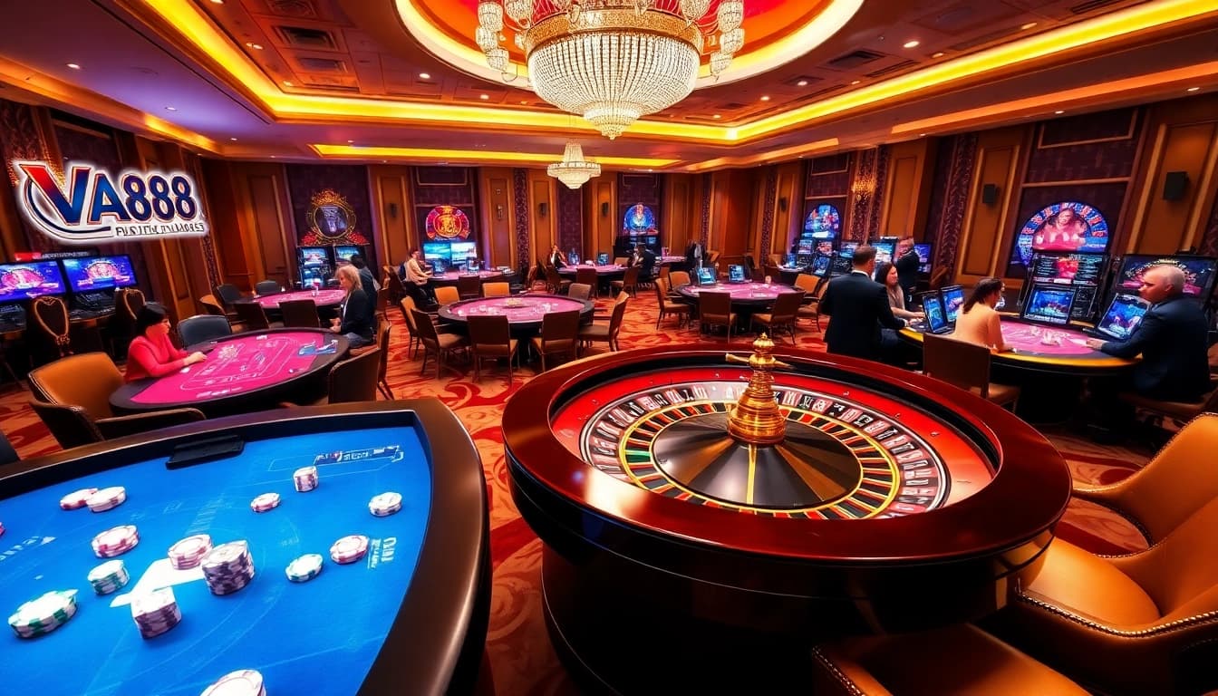 VA88 players excitedly engage with roulette and poker in a luxurious casino setting.