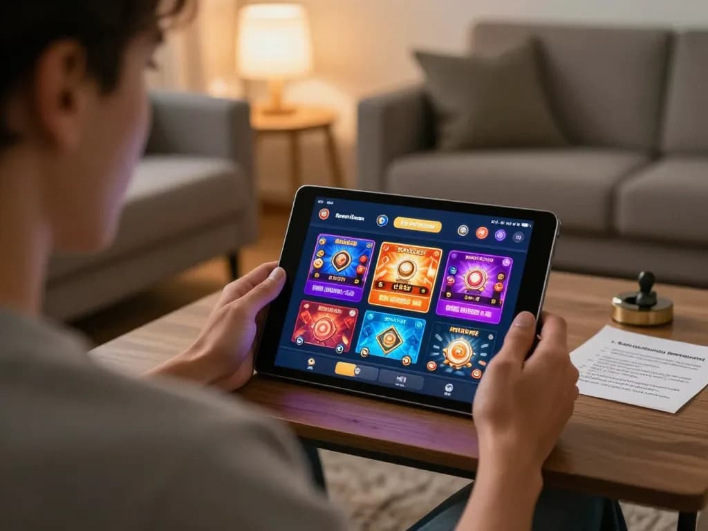 Player engaging with to188 casino app on tablet, demonstrating responsible gaming in a cozy home setting.