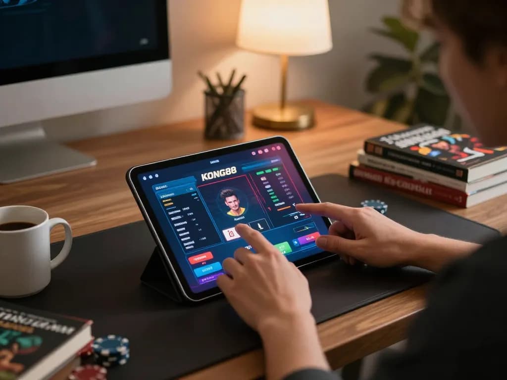 KONG88 poker game interface on a tablet in a cozy home office setting with gaming accessories