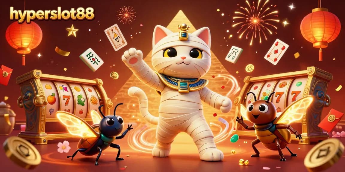Experience exhilarating wins with hyperslot88 as the mummy cat bursts from a golden sarcophagus in a vibrant casino scene.