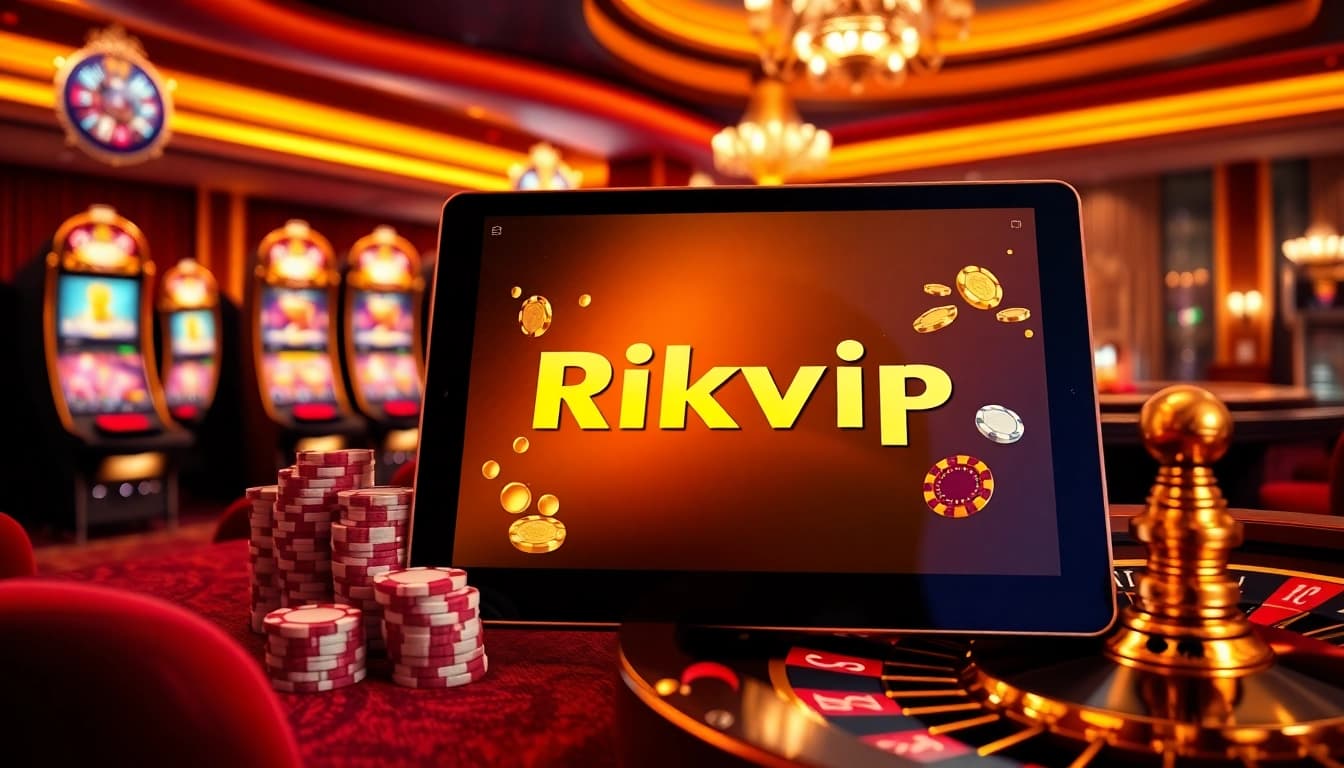 Engaging scene of Rikvip online game setup with poker chips and slot machines in a luxurious casino.