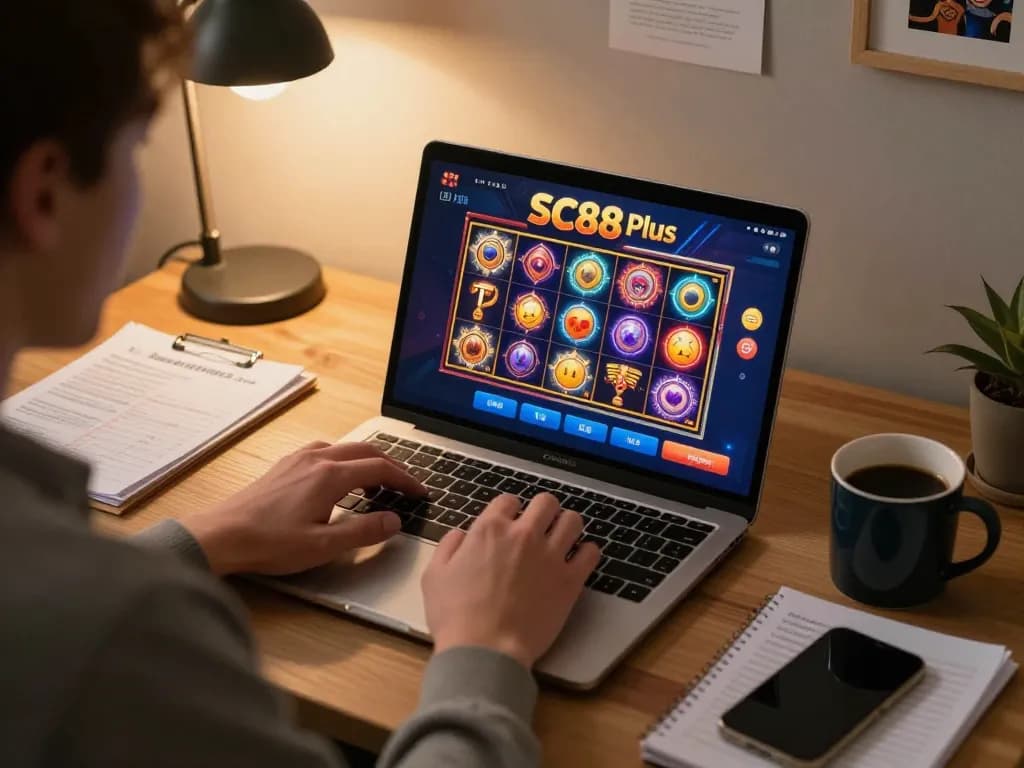 Player enjoying SC88 Plus slot games on a laptop, immersed in online gambling at home.