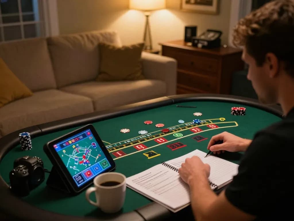 P3 player's dynamic home setup engaging in online blackjack gaming with strategy notes.